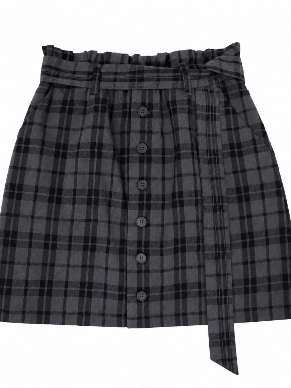 Black & Gray Plaid Button-Front Preppy Mini Skirt